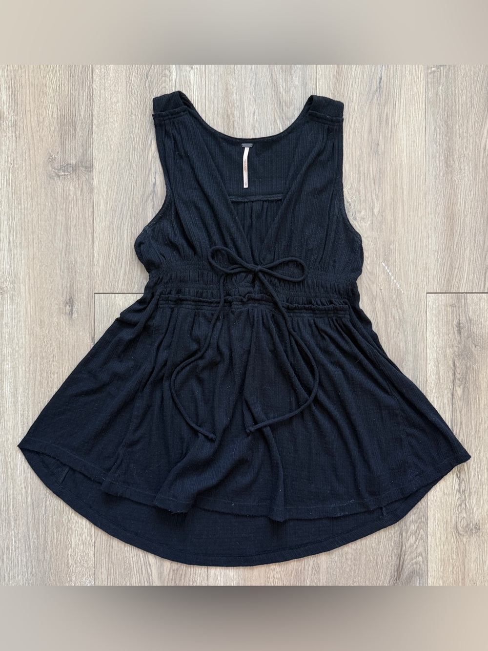 Free People Gauze Top Black Sleeveless Swing Drawstring Cinch Womens Large